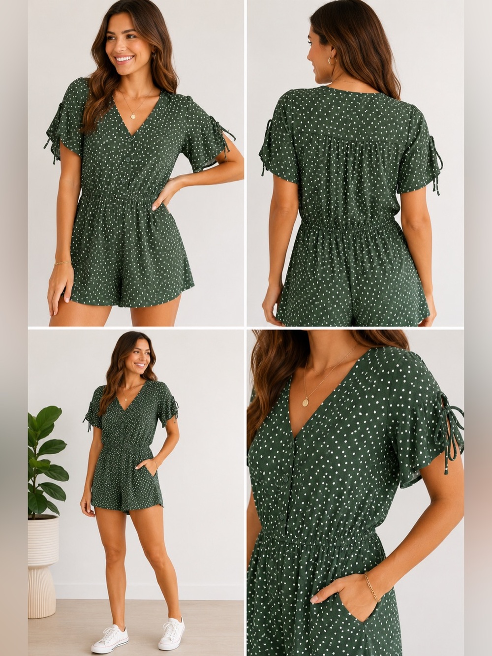J.NNA Green Polka Dot Romper Flutter Sleeve Button Front Medium NWT